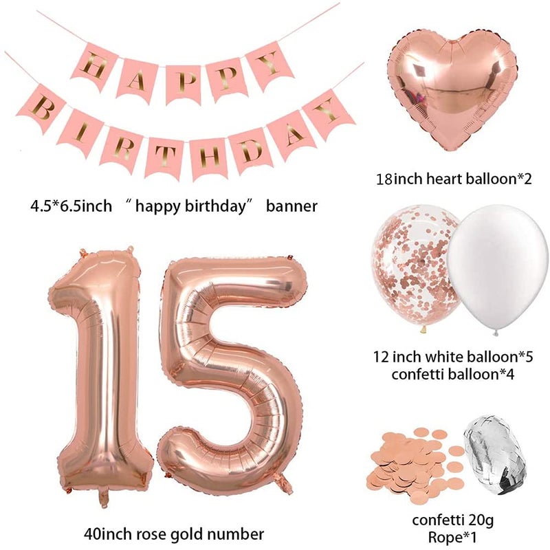 EASUTE 40Inch 15 Balloons Number Birthday Decorations, 15th Birthday Decorations for Girls with Rose Gold Banner Confetti Balloons 1" in Diameter Heart Confetti for 15 Birthday Party Supplies Photo Props - Image 2